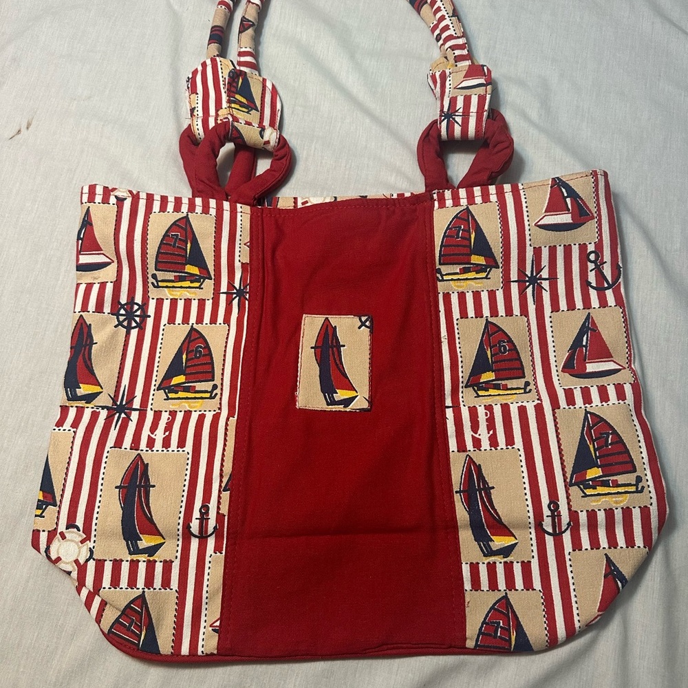 Nautical Red and Tan Large Tote Bag